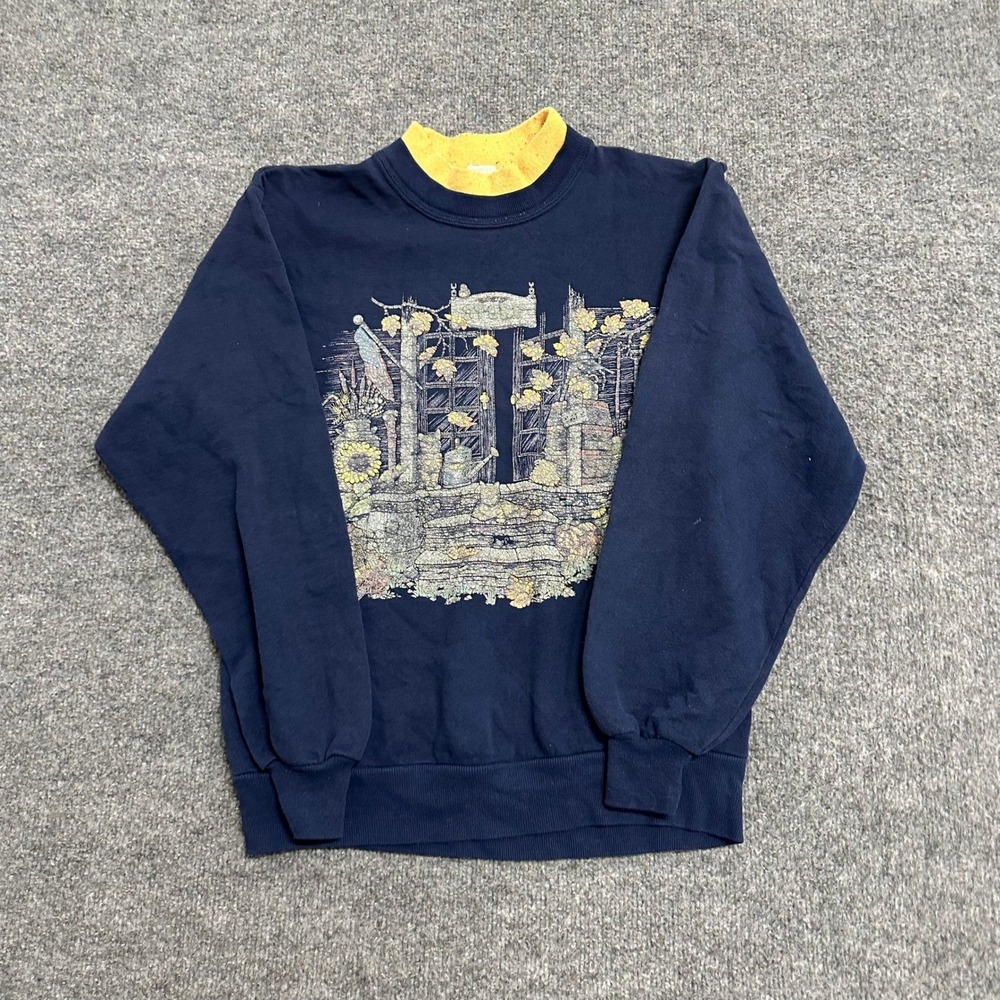 Morning Sun Sweatshirt Womens Small Navy Blue Garden Graphic USA Mock Neck Vtg
